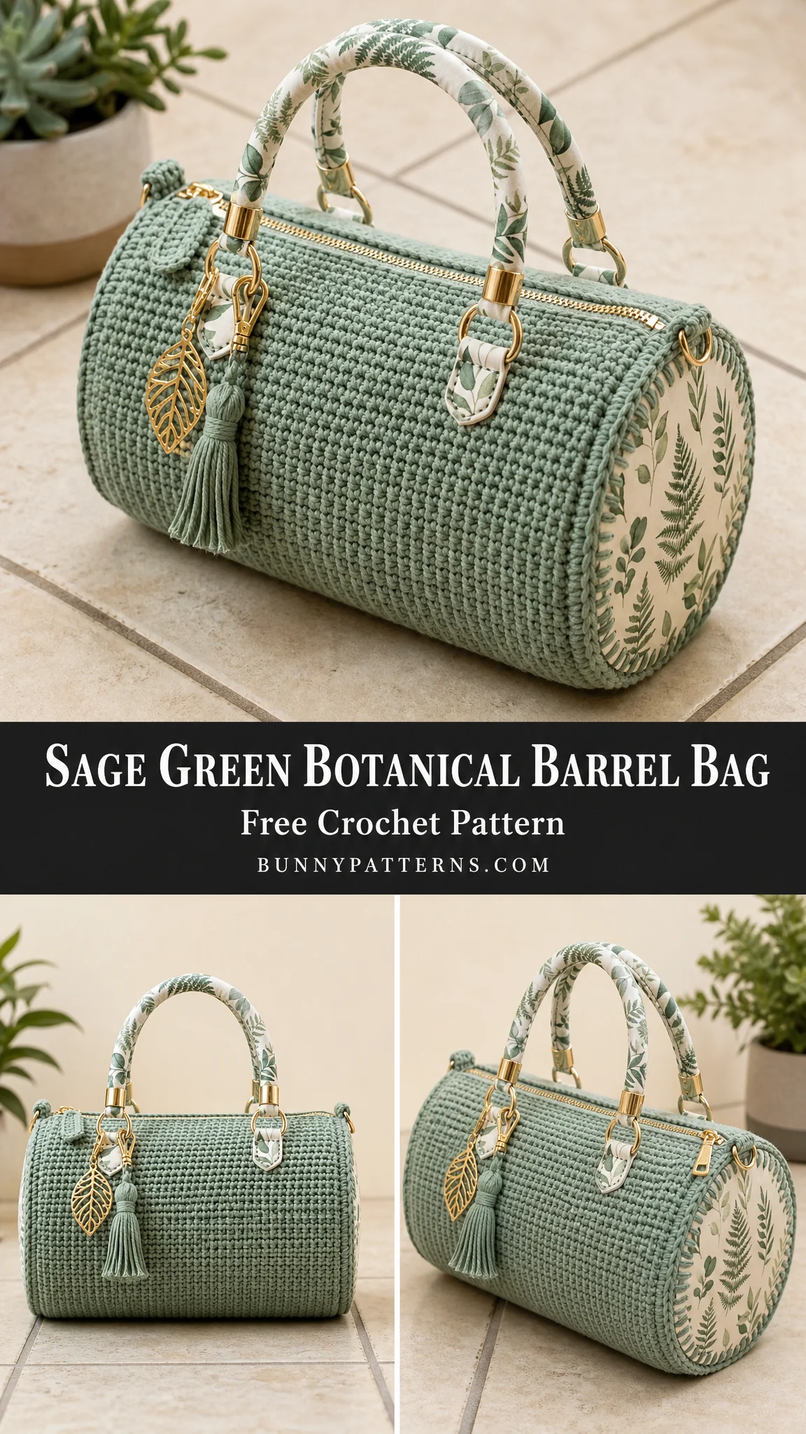 Sage Green Botanical Barrel Bag Free Crochet Pattern