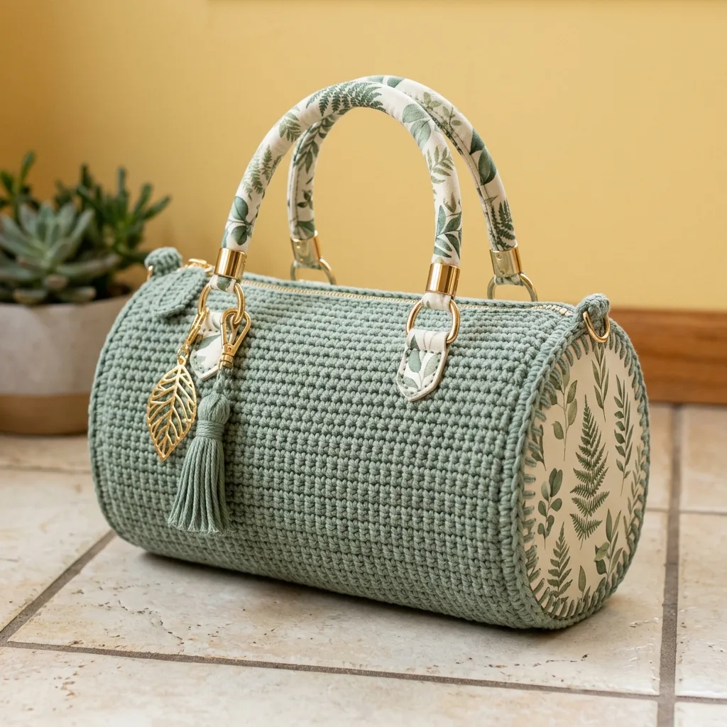 Sage Green Botanical Barrel Bag Free Crochet Pattern