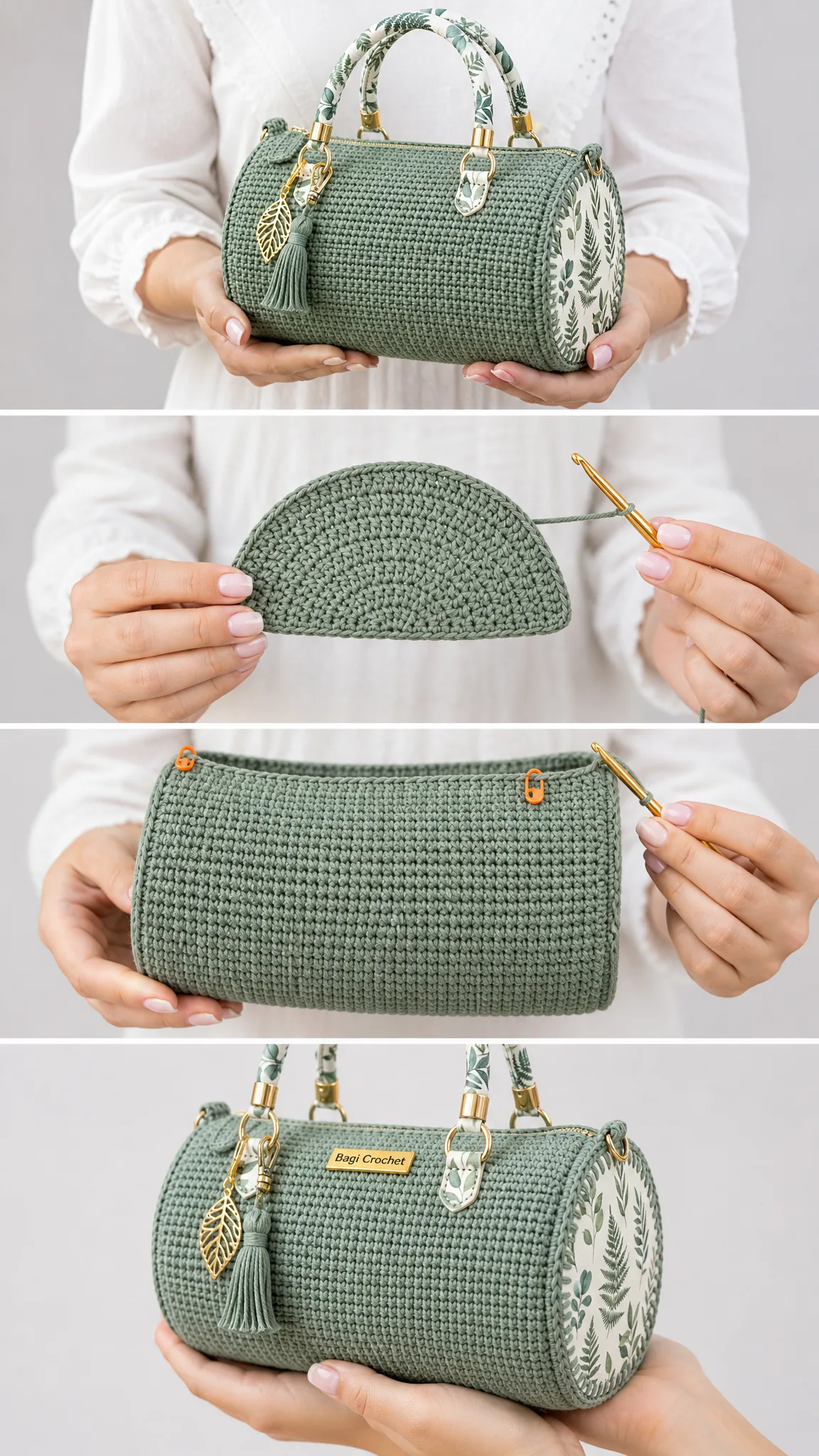 Sage Green Botanical Barrel Bag Free Crochet Pattern