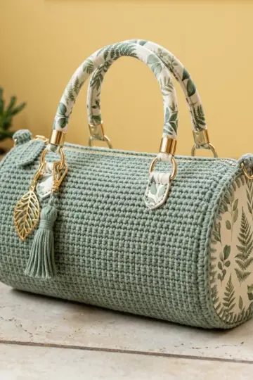 Sage Green Botanical Barrel Bag Free Crochet Pattern