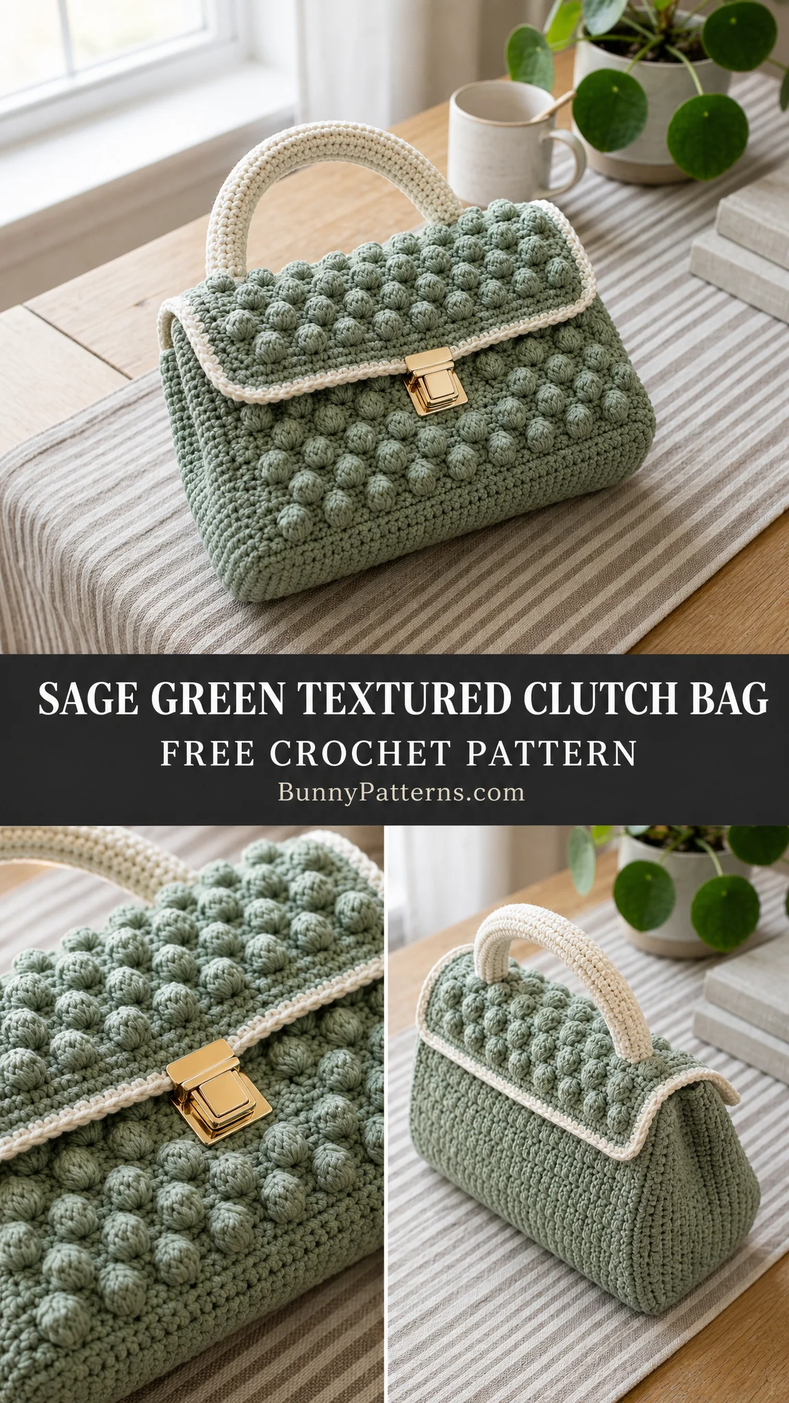 Sage Green Textured Clutch Bag Free Crochet Pattern