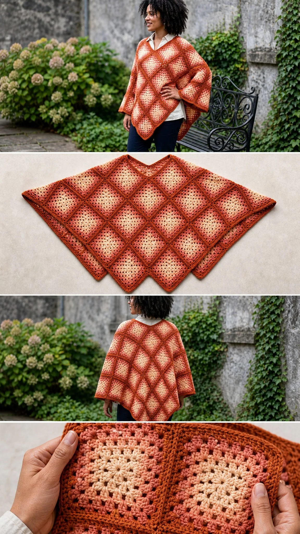 Sunset Ombre Granny Square Poncho Free Crochet Pattern