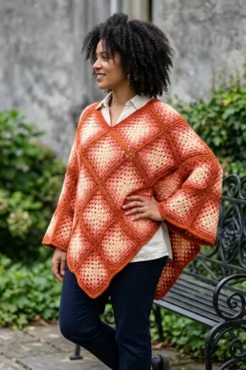 Sunset Ombre Granny Square Poncho Free Crochet Pattern