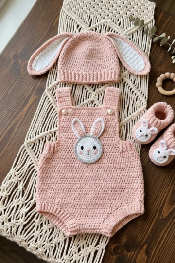 Blush Pink Bunny Baby Romper Set Free Crochet Pattern