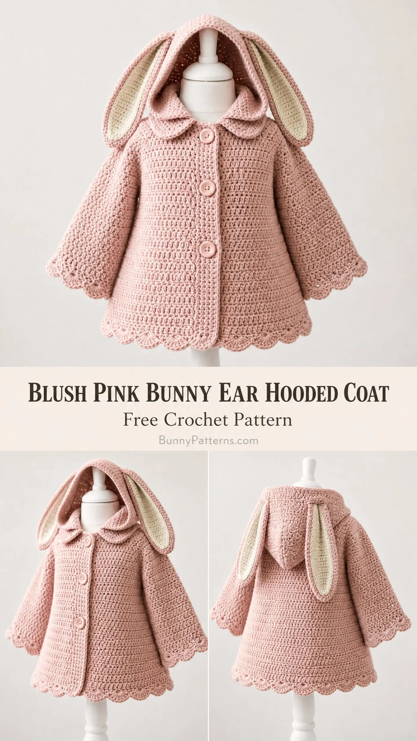 Blush Pink Bunny Ear Hooded Coat Free Crochet Pattern