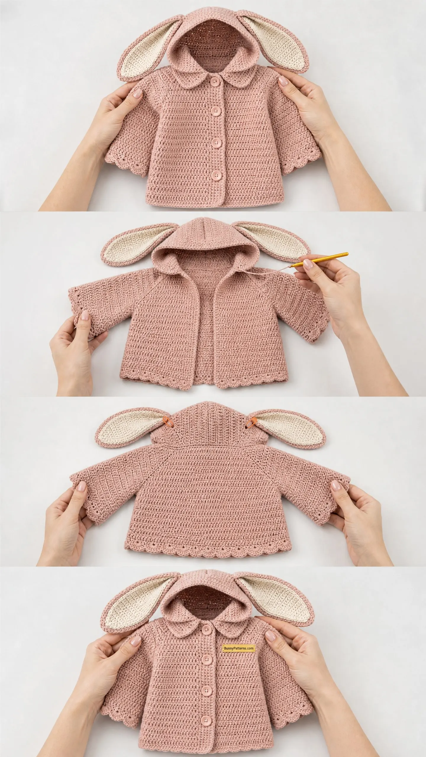 Blush Pink Bunny Ear Hooded Coat Free Crochet Pattern
