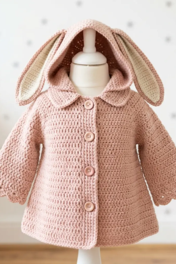 Blush Pink Bunny Ear Hooded Coat Free Crochet Pattern