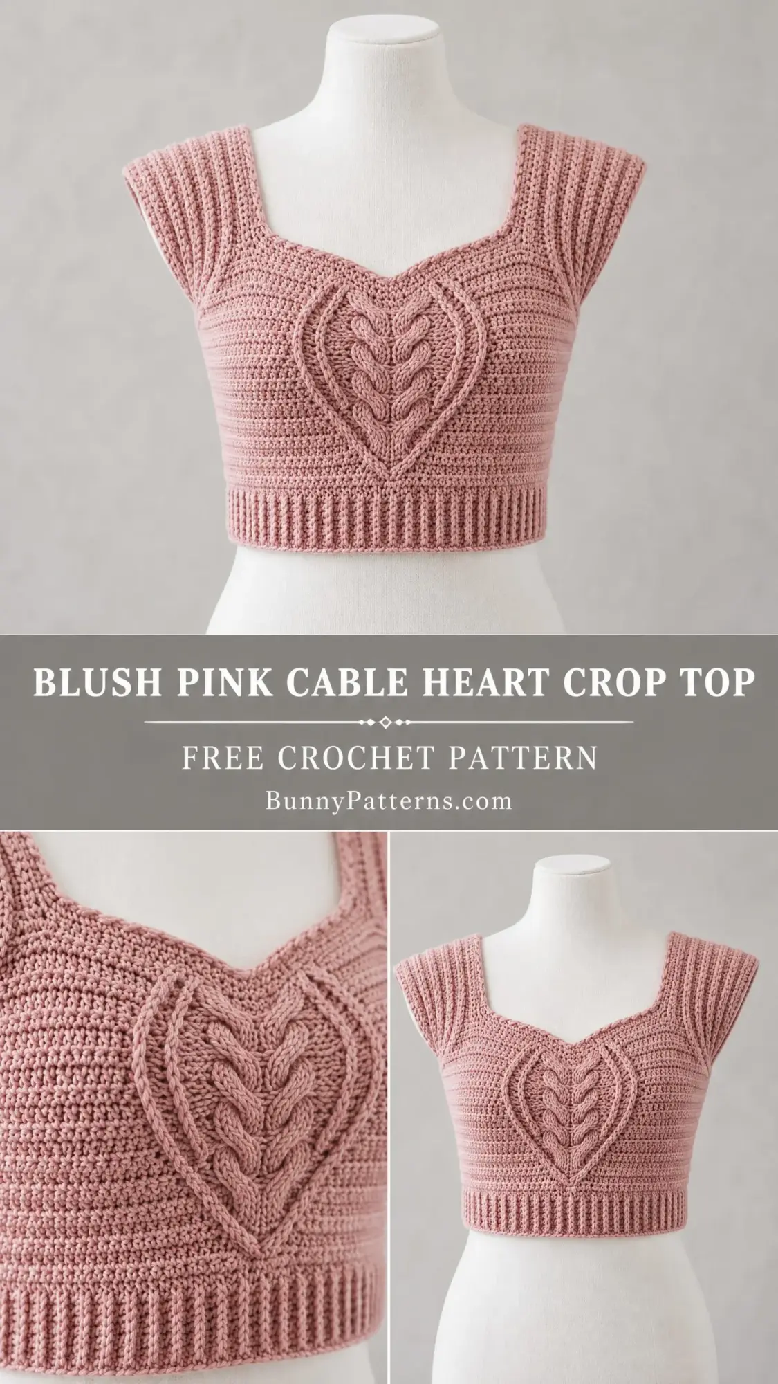 Blush Pink Cable Heart Crop Top Free Crochet Pattern