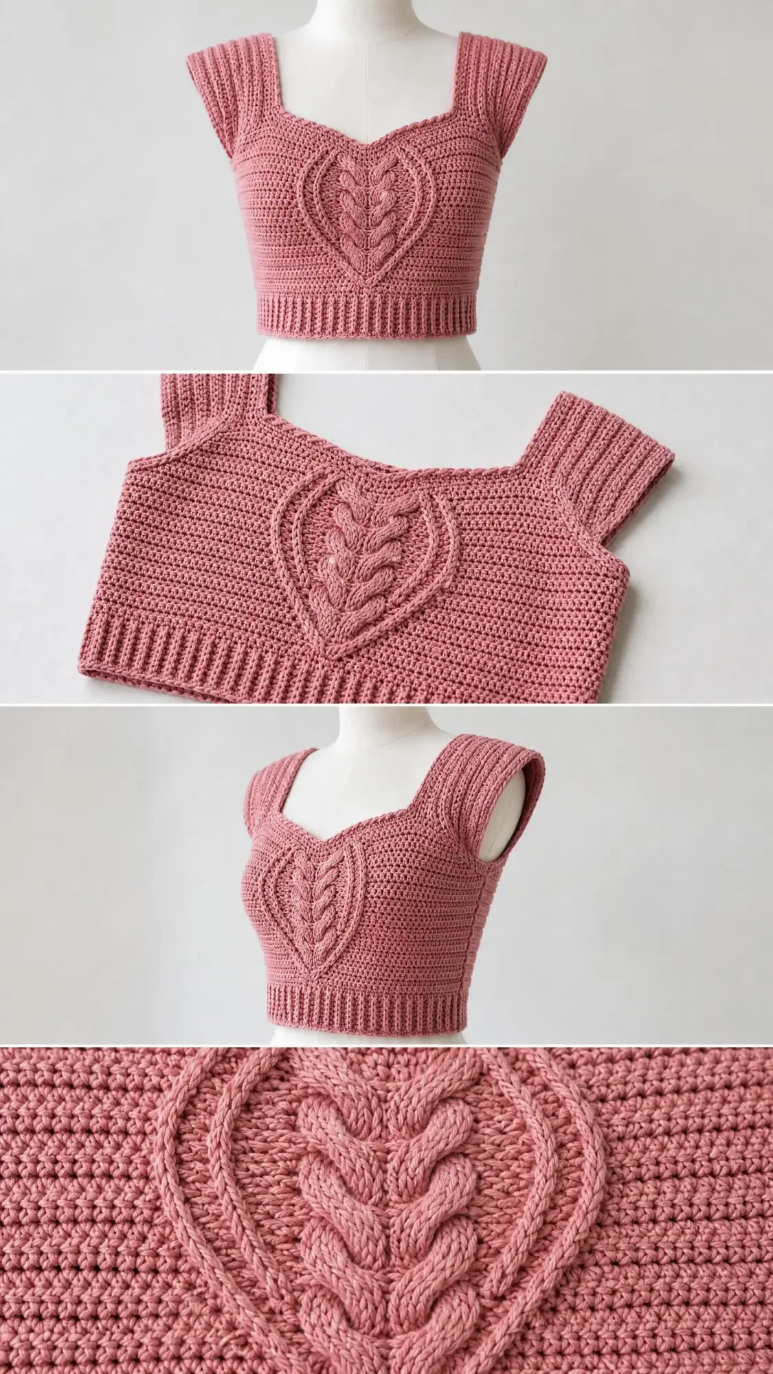 Blush Pink Cable Heart Crop Top Free Crochet Pattern