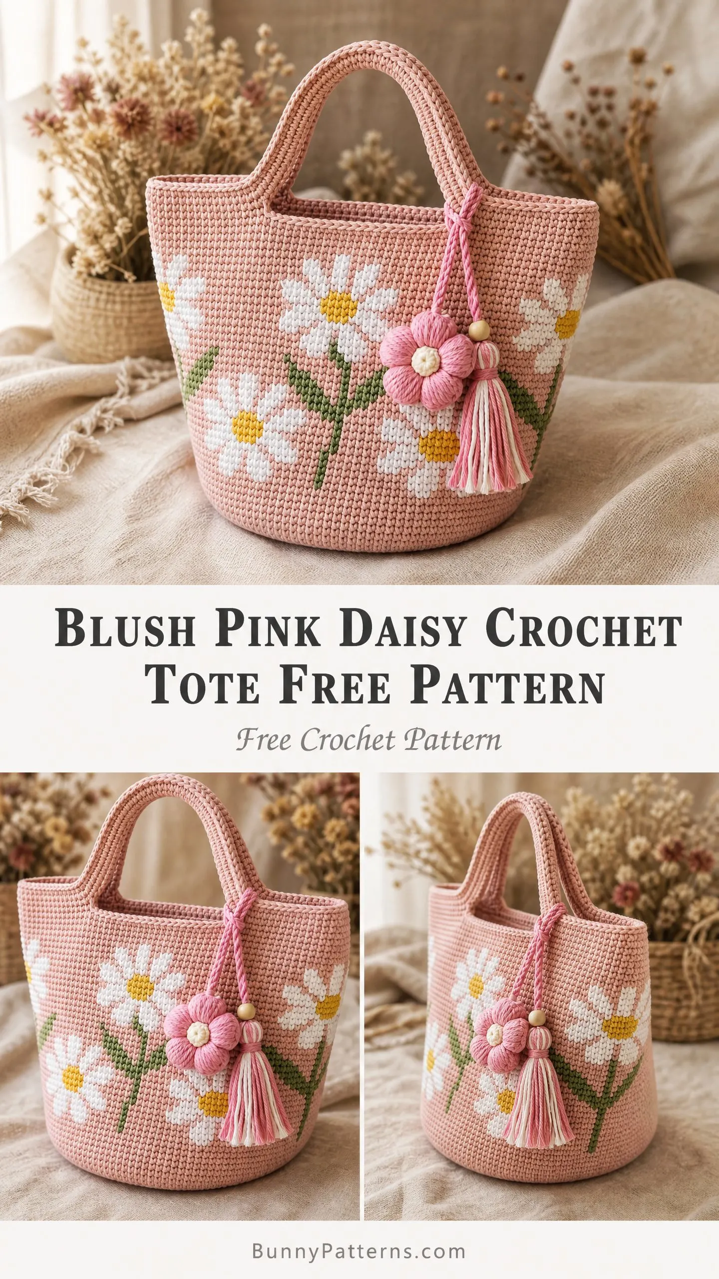 Blush Pink Daisy Crochet Tote Free Pattern