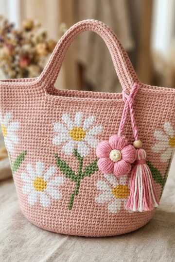 Blush Pink Daisy Crochet Tote Free Pattern