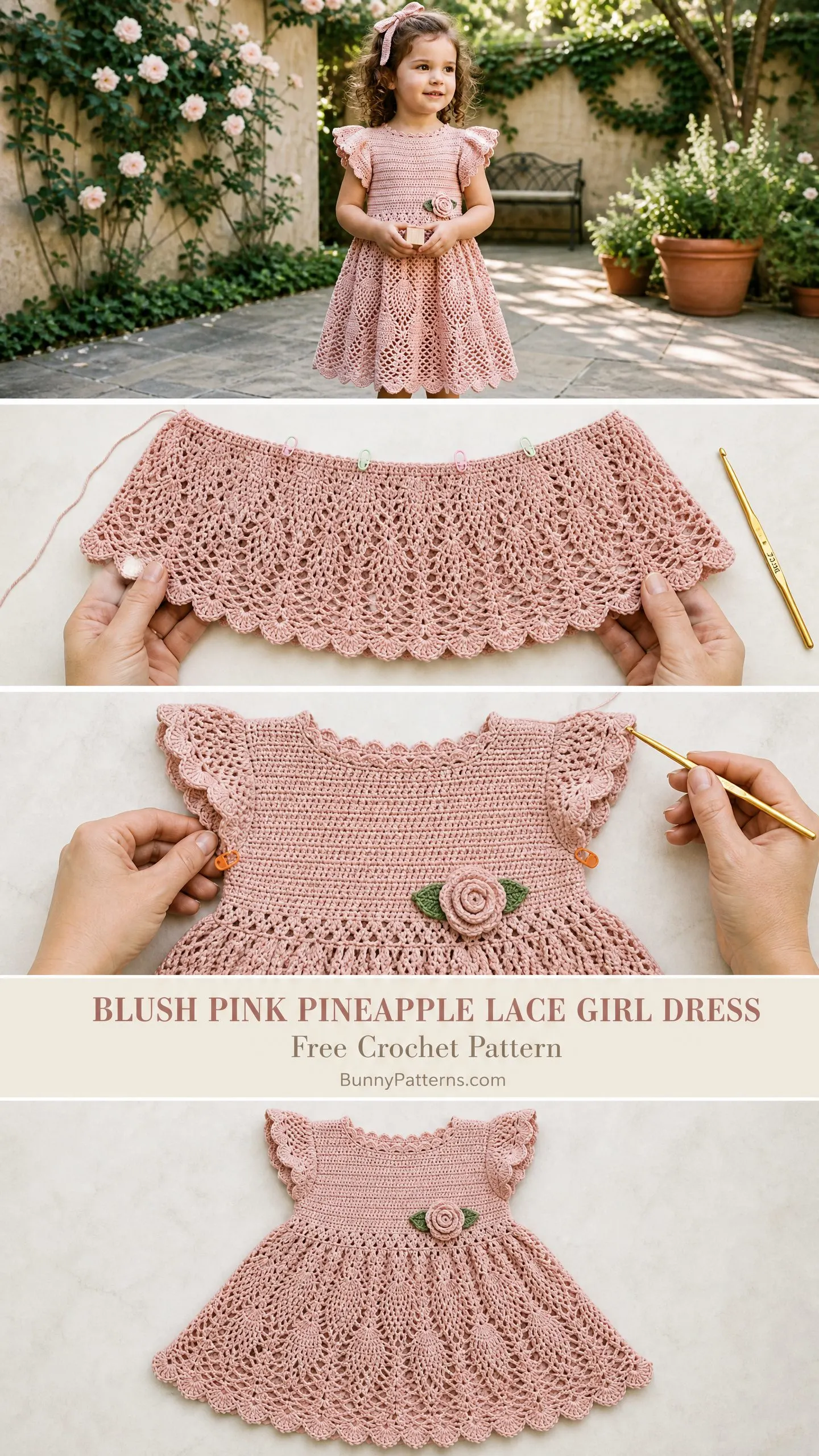 Blush Pink Pineapple Lace Girl Dress Free Crochet Pattern