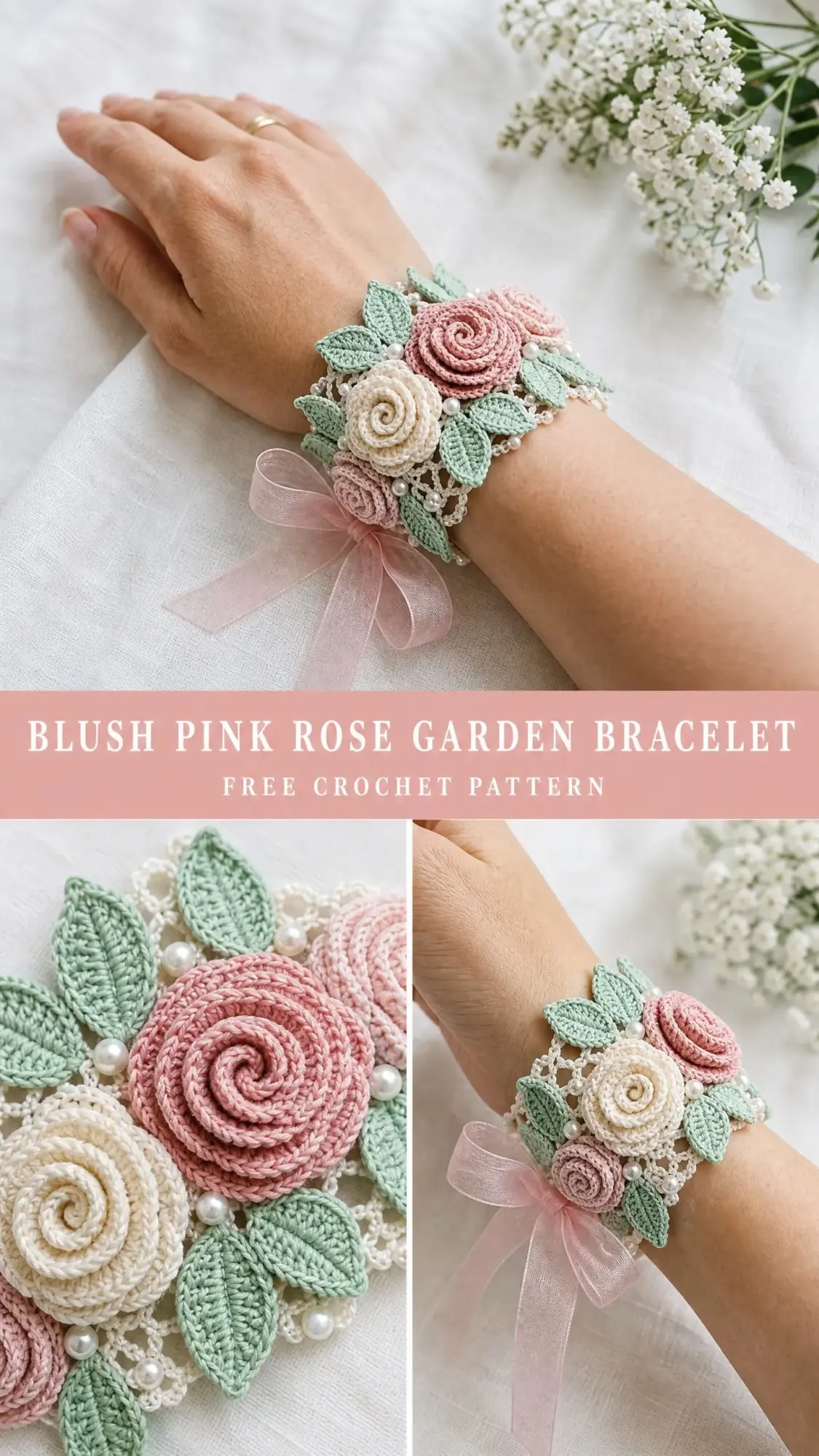 Blush Pink Rose Garden Bracelet Free Crochet Pattern