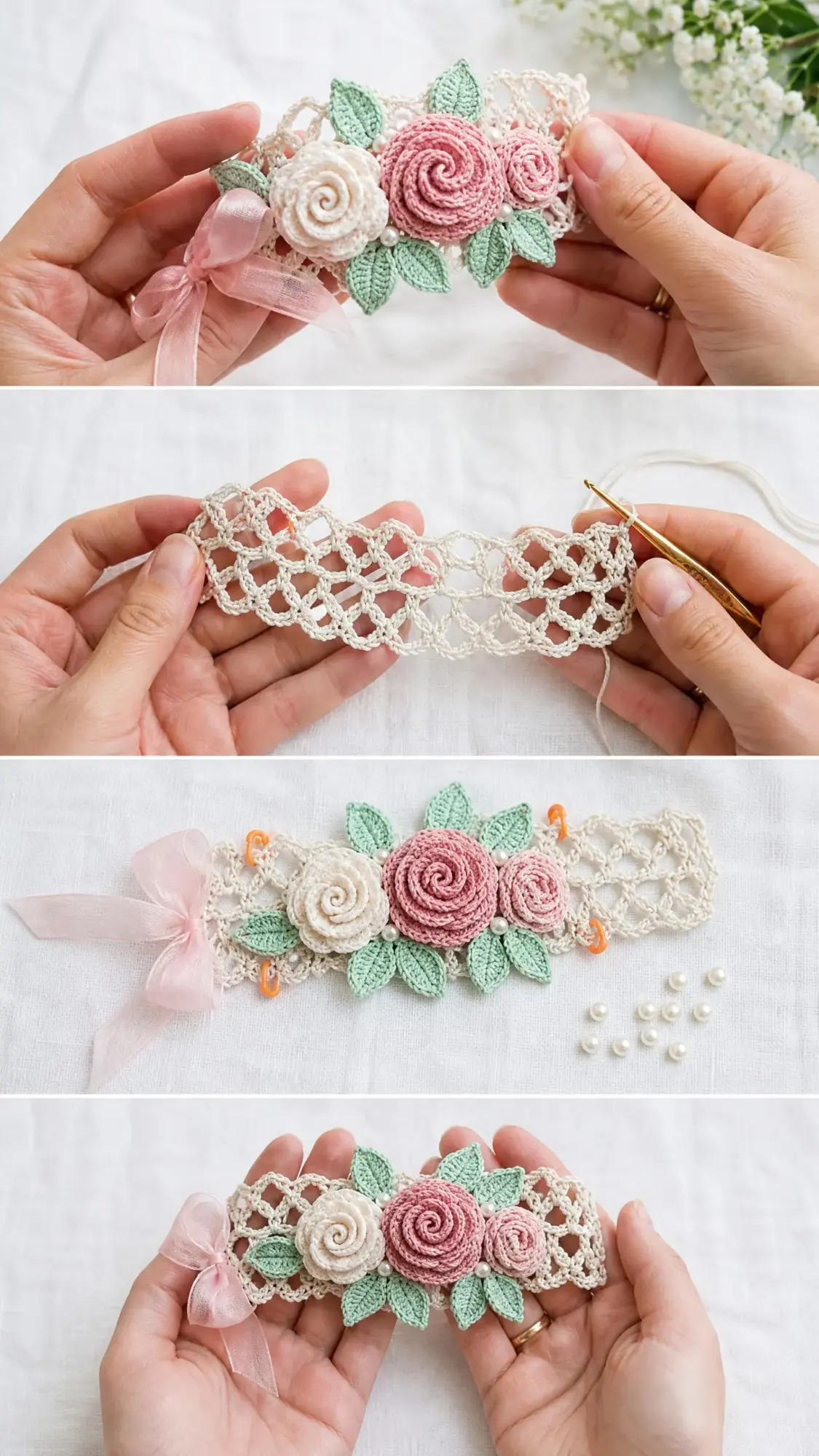 Blush Pink Rose Garden Bracelet Free Crochet Pattern