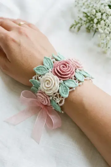 Blush Pink Rose Garden Bracelet Free Crochet Pattern