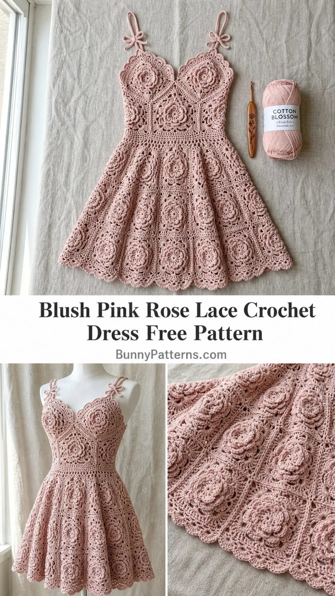 Blush Pink Rose Lace Crochet Dress Free Pattern