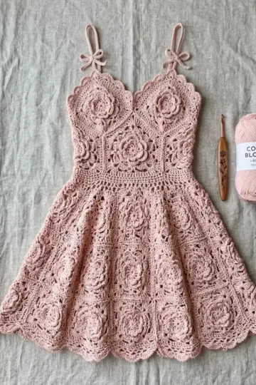 Blush Pink Rose Lace Crochet Dress Free Pattern
