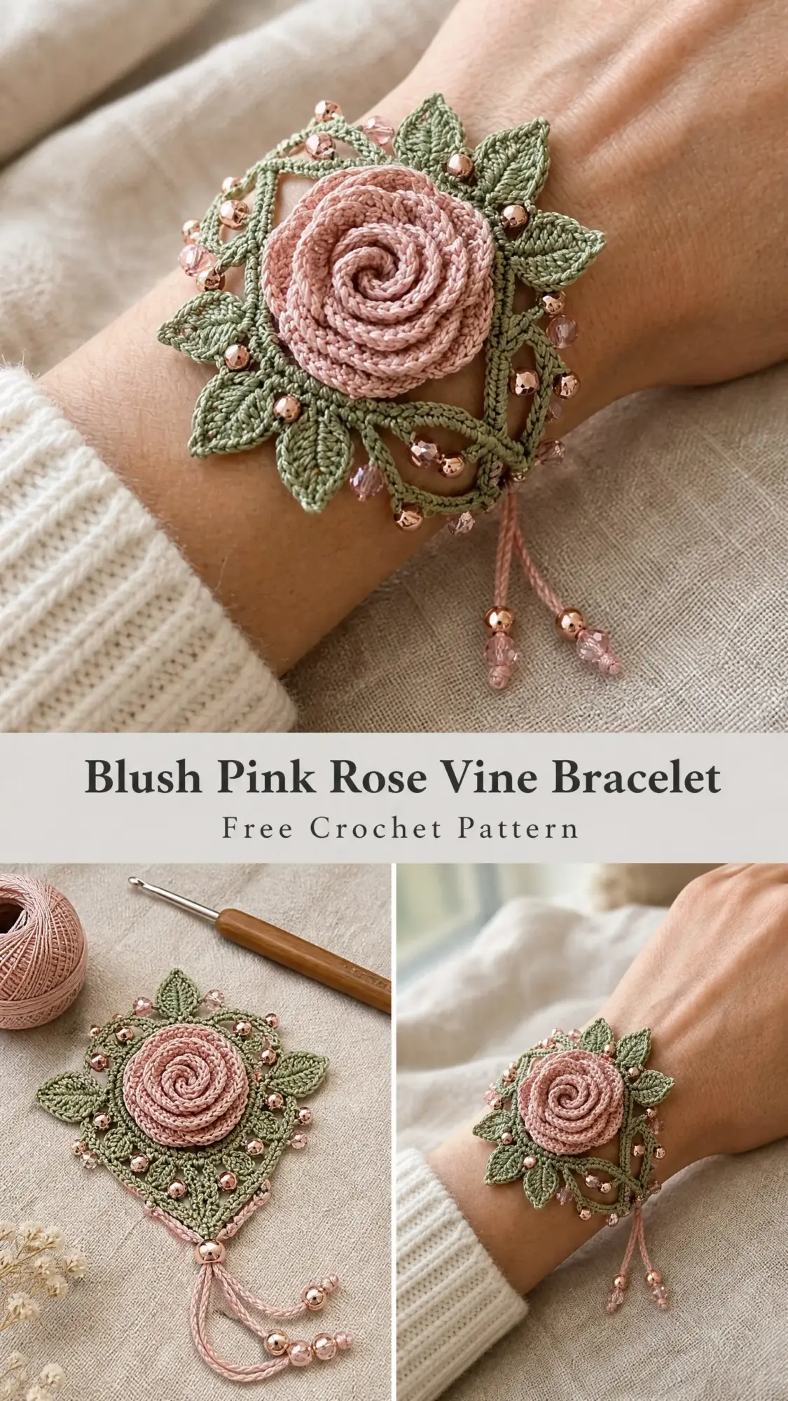Blush Pink Rose Vine Bracelet Free Crochet Pattern