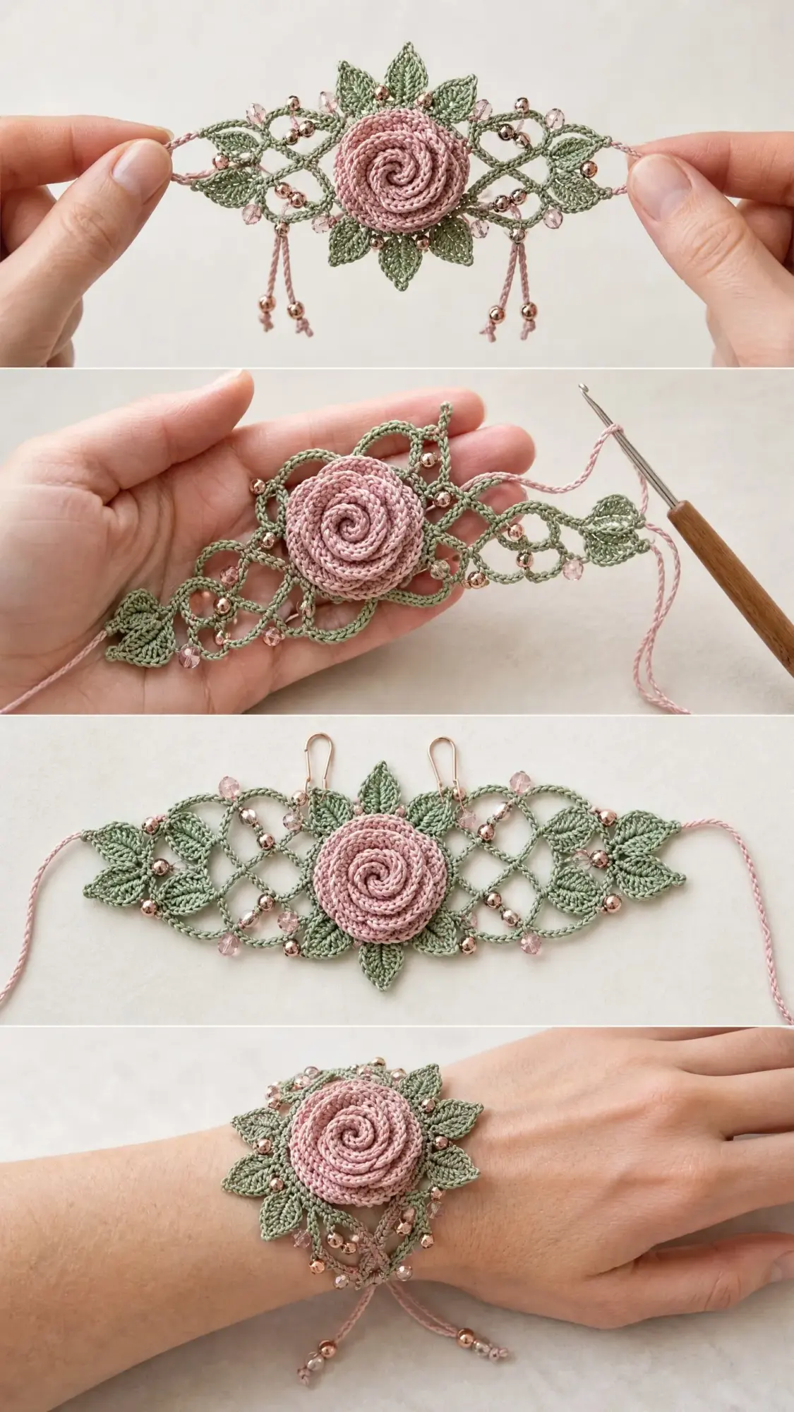 Blush Pink Rose Vine Bracelet Free Crochet Pattern