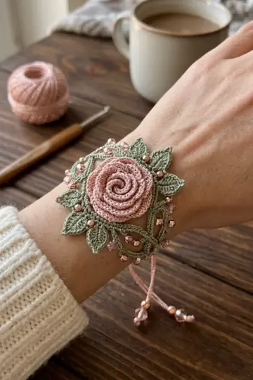 Blush Pink Rose Vine Bracelet Free Crochet Pattern