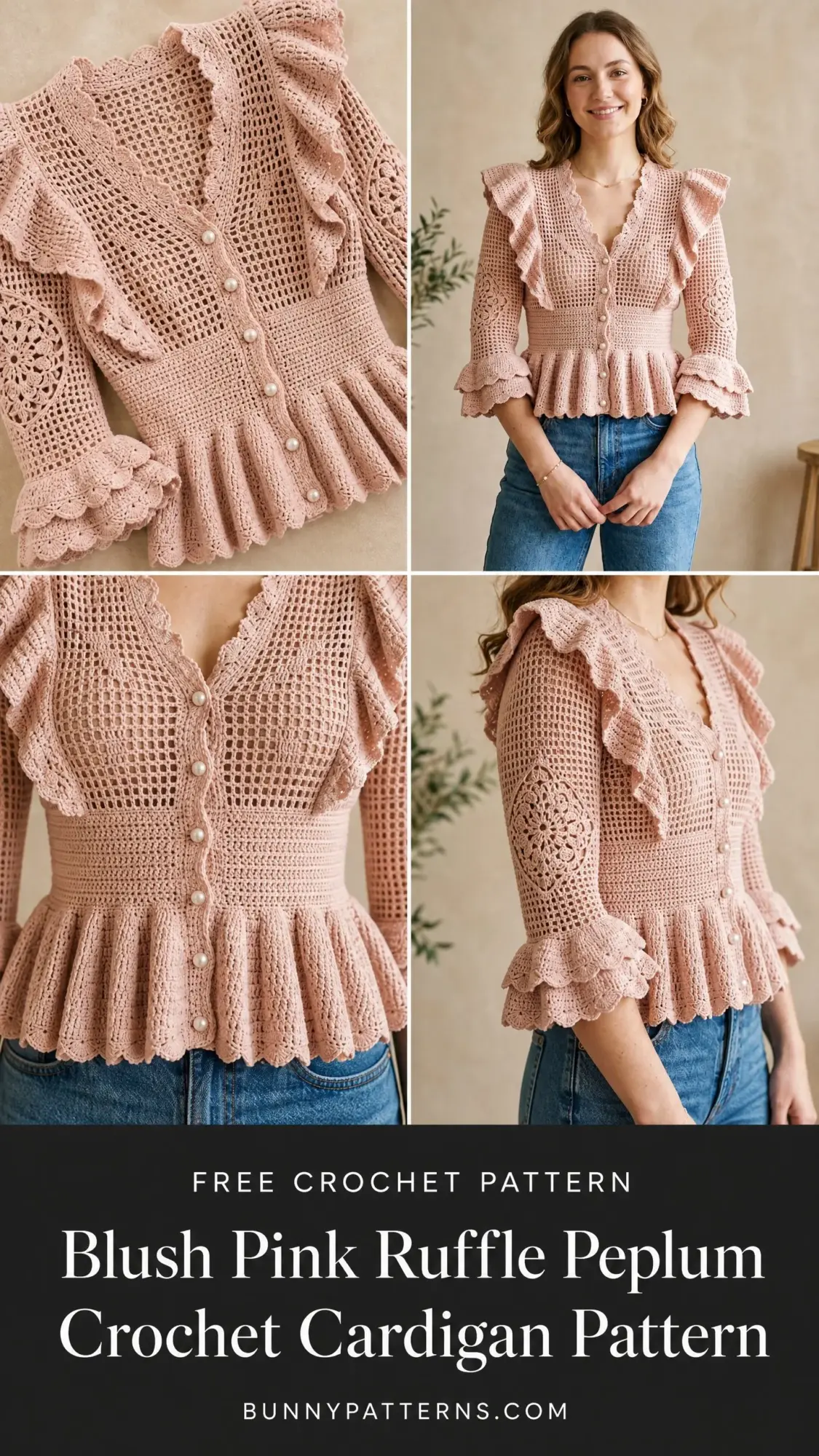 Blush Pink Ruffle Peplum Crochet Cardigan Pattern