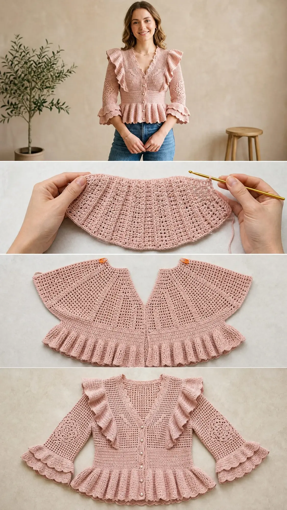 Blush Pink Ruffle Peplum Crochet Cardigan Pattern