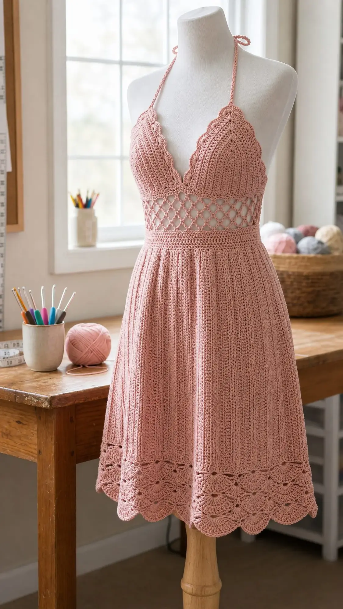 Blush Pink Shell Stitch Halter Dress Free Crochet Pattern
