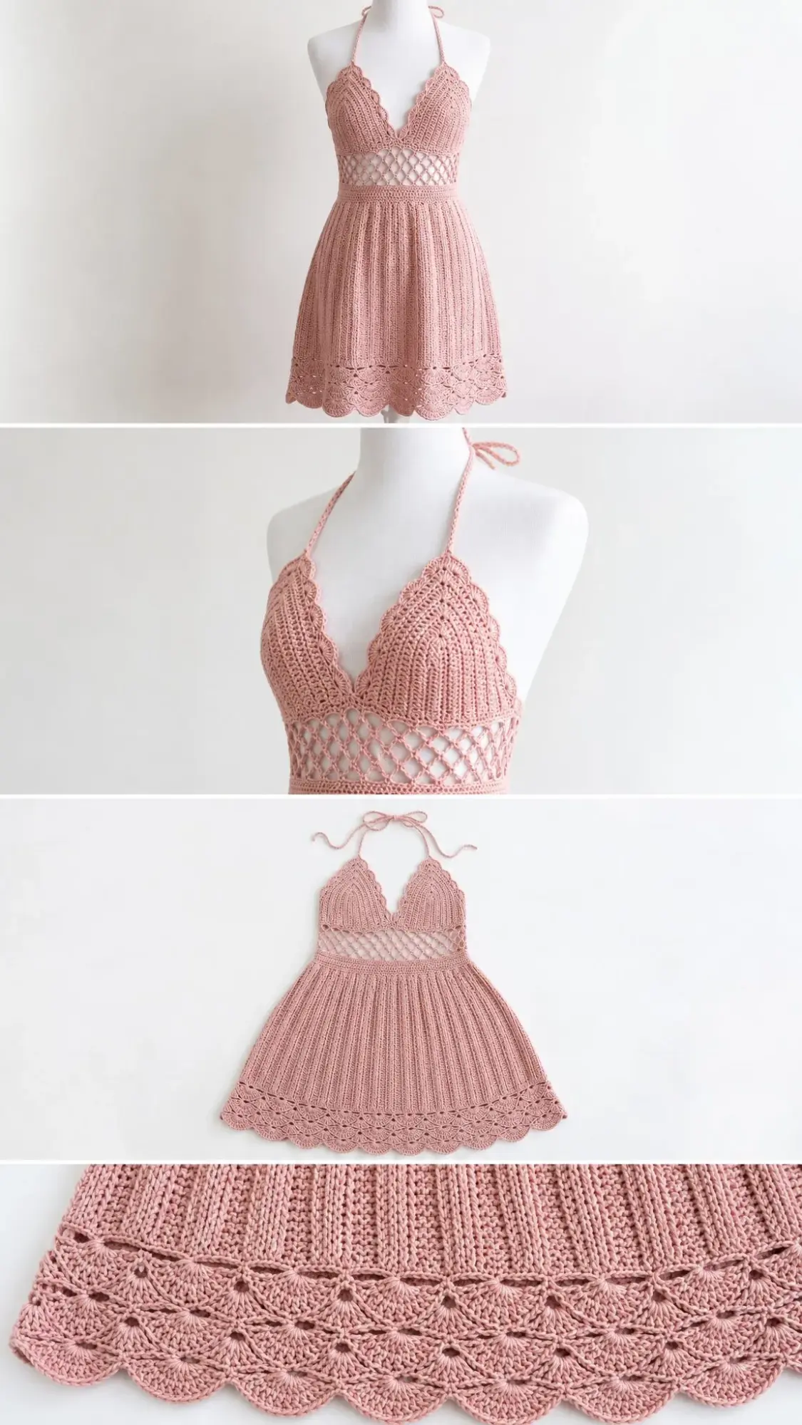Blush Pink Shell Stitch Halter Dress Free Crochet Pattern