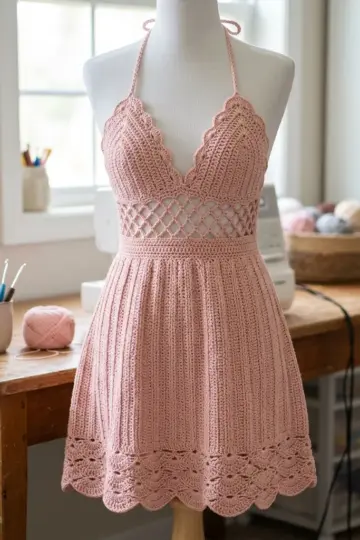 Blush Pink Shell Stitch Halter Dress Free Crochet Pattern