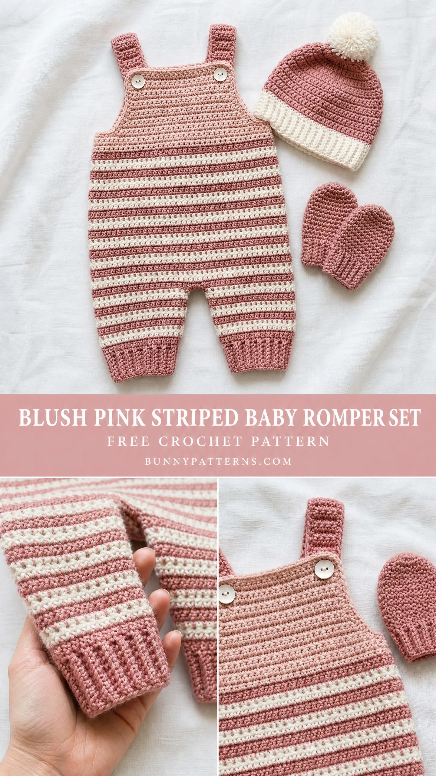 Blush Pink Striped Baby Romper Set Free Crochet Pattern