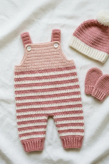 Blush Pink Striped Baby Romper Set Free Crochet Pattern