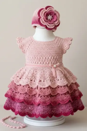 Blush Pink Tiered Baby Dress Free Crochet Pattern