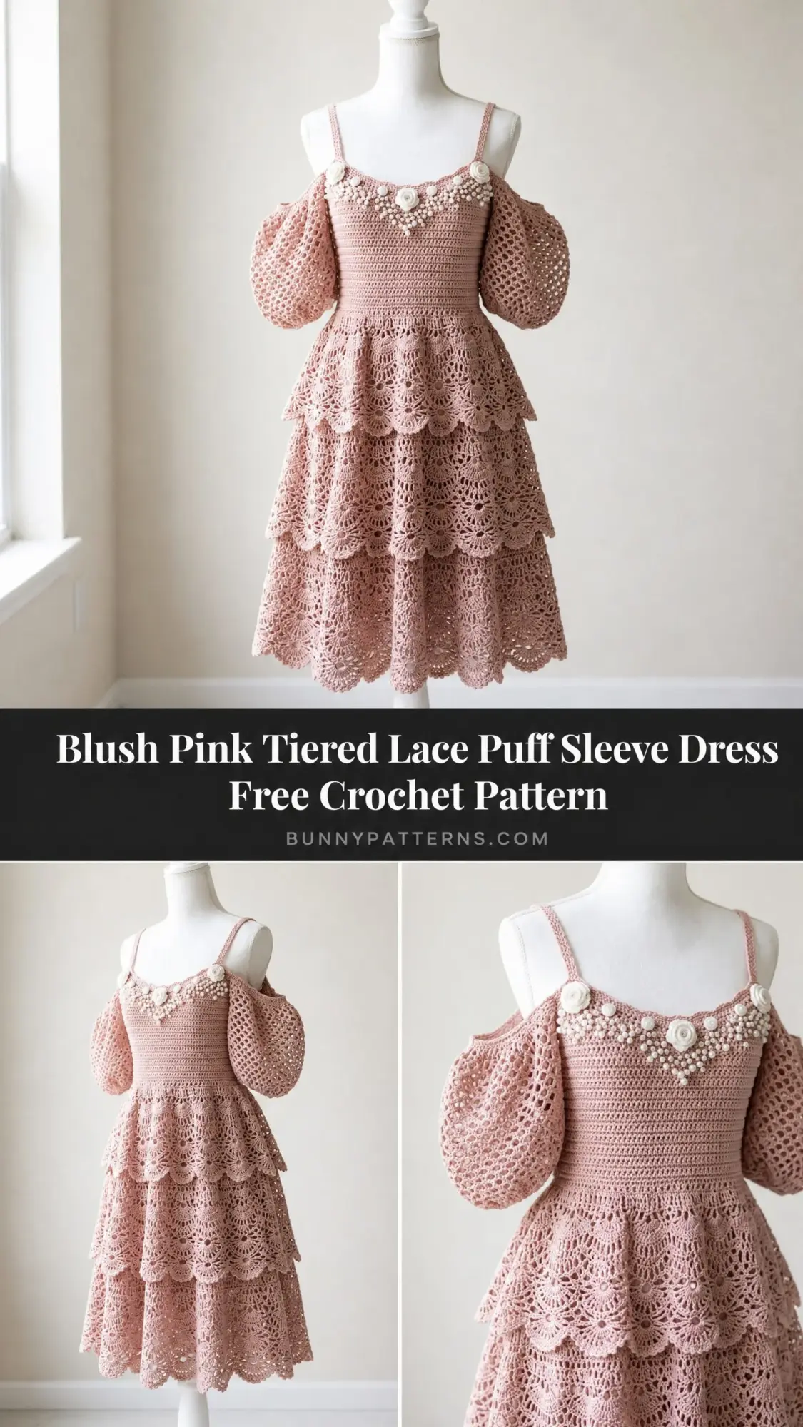 Blush Pink Tiered Lace Puff Sleeve Dress Free Crochet Pattern