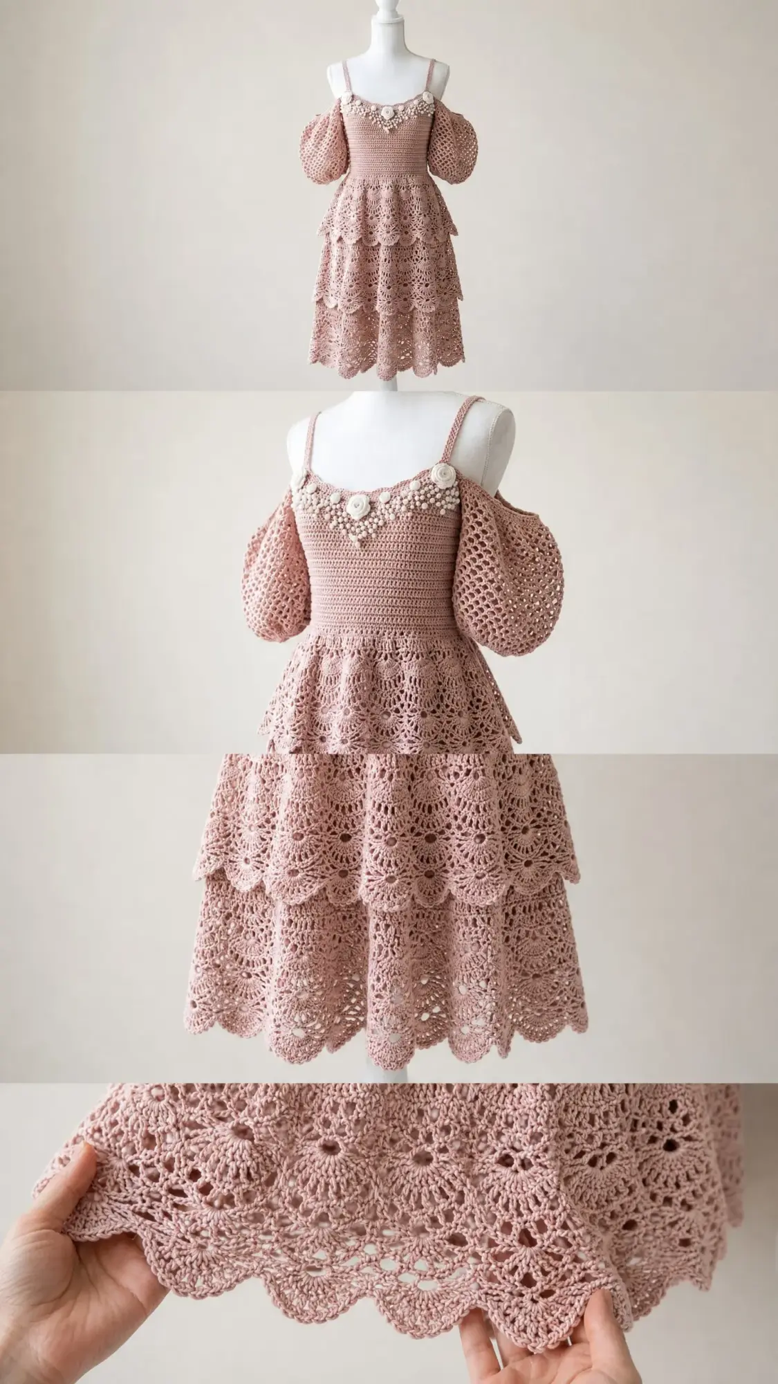 Blush Pink Tiered Lace Puff Sleeve Dress Free Crochet Pattern