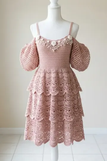 Blush Pink Tiered Lace Puff Sleeve Dress Free Crochet Pattern