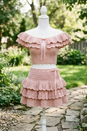 Blush Pink Tiered Ruffle Crochet Set Free Pattern