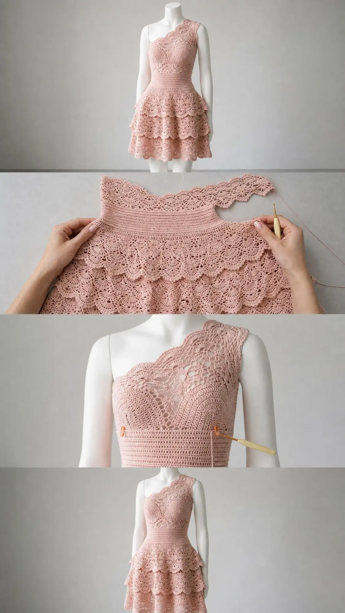 Blush Pink Tiered Ruffle One-Shoulder Dress Crochet Pattern