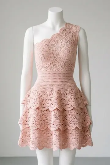 Blush Pink Tiered Ruffle One-Shoulder Dress Crochet Pattern