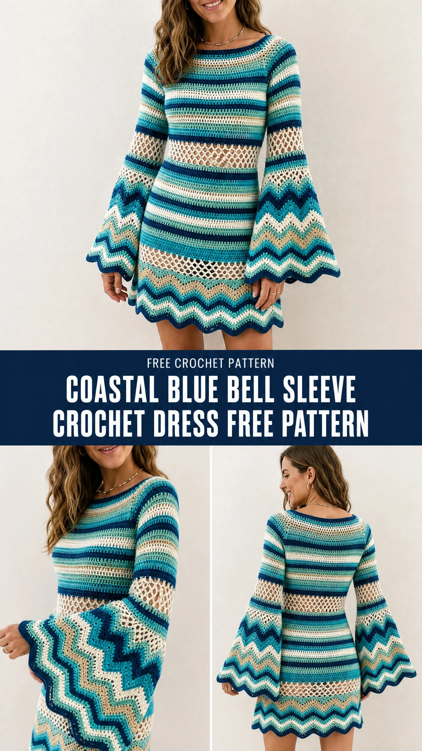 Coastal Blue Bell Sleeve Crochet Dress Free Pattern