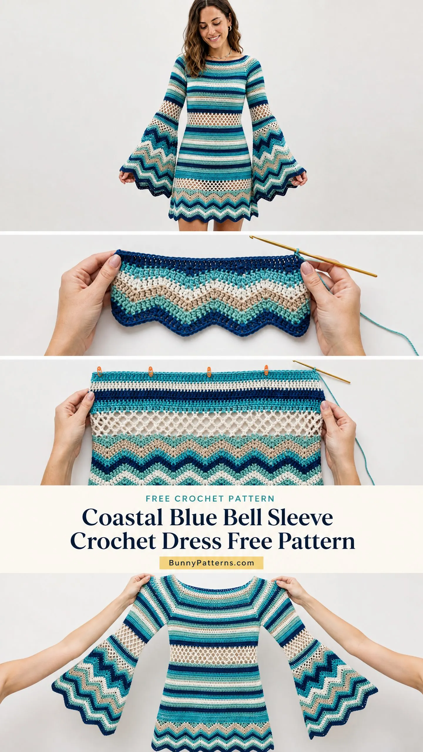 Coastal Blue Bell Sleeve Crochet Dress Free Pattern