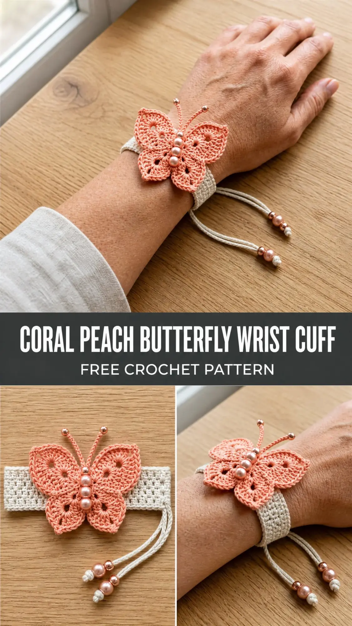 Coral Peach Butterfly Wrist Cuff Free Crochet Pattern