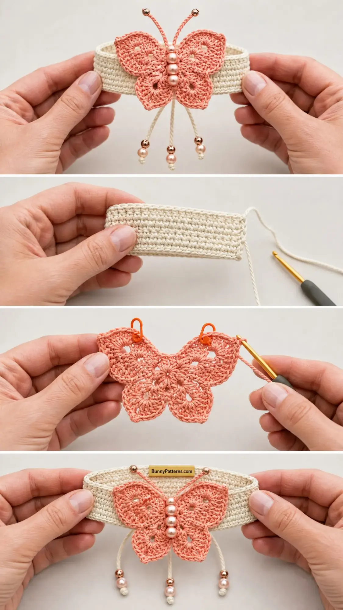 Coral Peach Butterfly Wrist Cuff Free Crochet Pattern