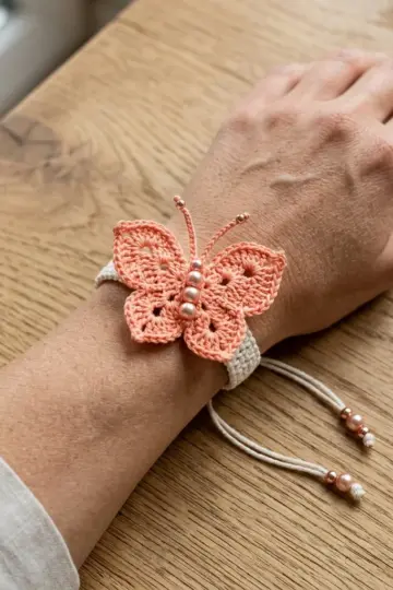 Coral Peach Butterfly Wrist Cuff Free Crochet Pattern