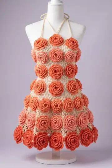 Coral Sunset Floral Halter Dress Free Crochet Pattern