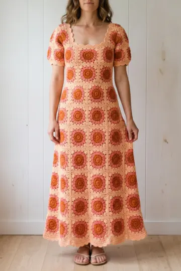 Coral Sunset Granny Square Maxi Dress Free Crochet Pattern