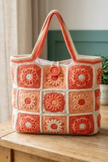 Coral Sunset Granny Square Tote Free Crochet Pattern