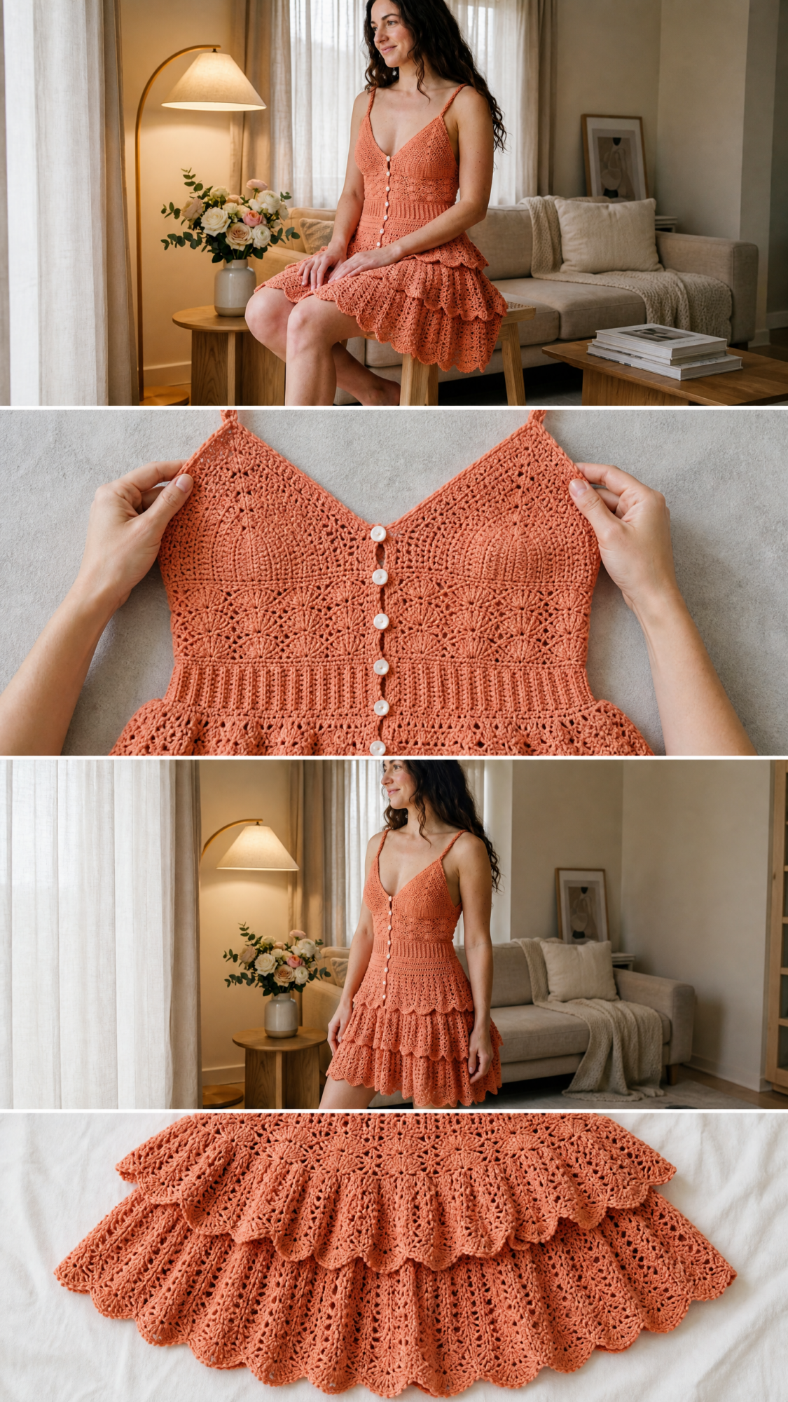 Coral Sunset Tiered Ruffle Crochet Dress Free Pattern