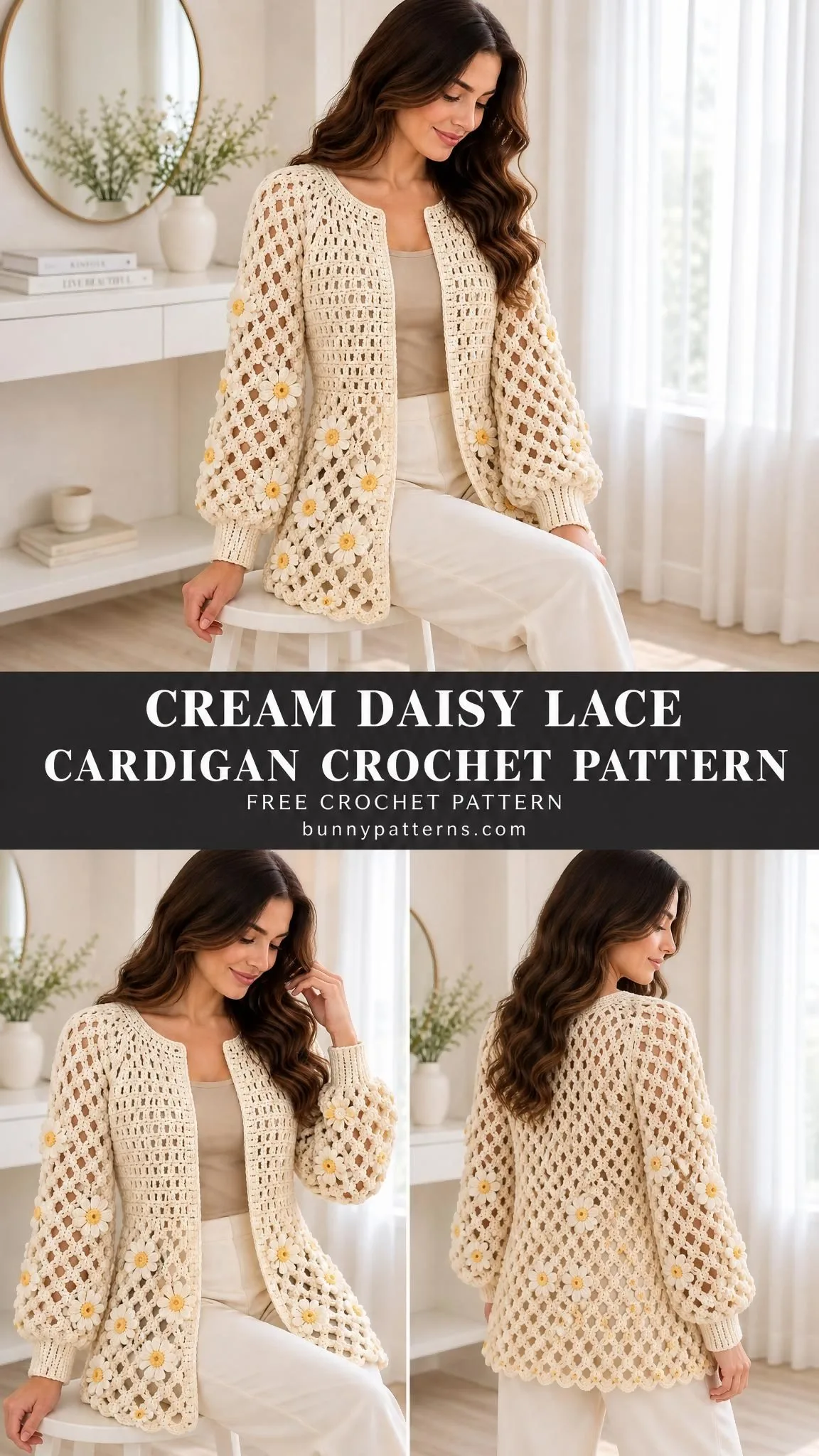 Woman wearing handmade cream daisy lace cardigan with ribbed cuffs over neutral outfit