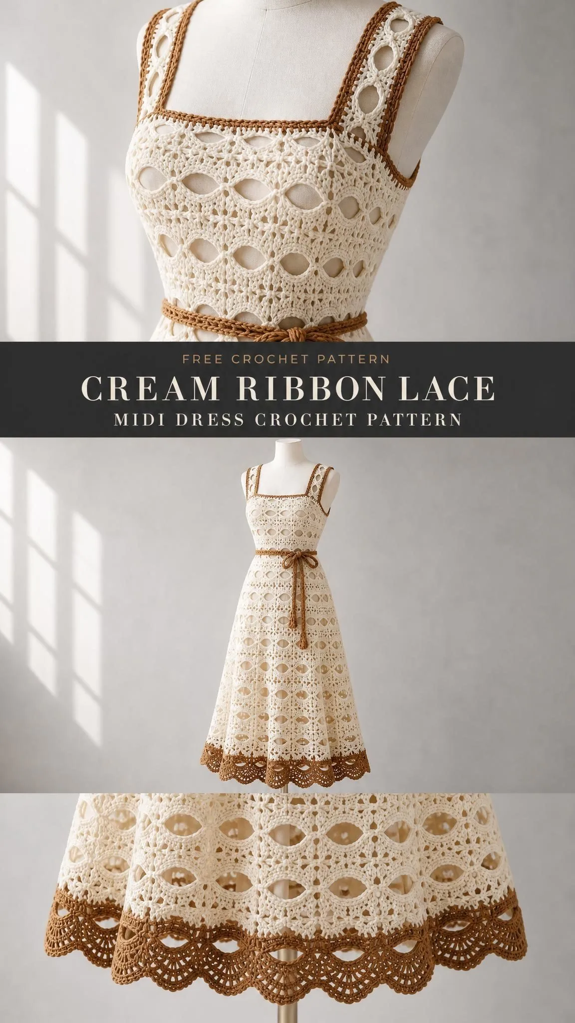 Close-up of cream crochet dress showing oval eyelet lace texture with caramel scalloped hem border detail