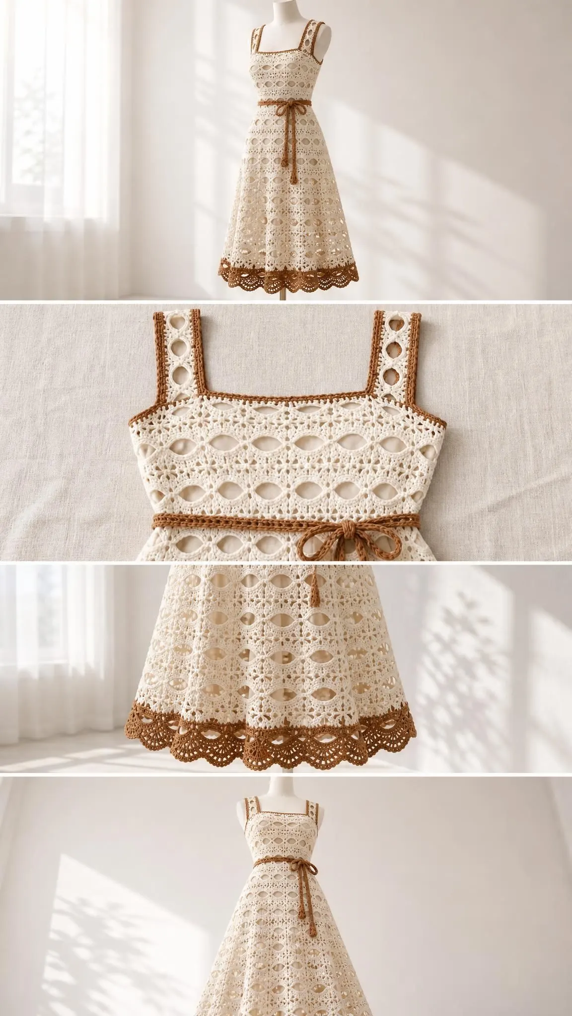 A-line crochet midi dress in cream cotton yarn featuring broad straps with caramel edging and decorative bow at waist